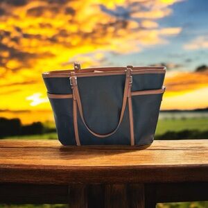 Black tote with brown trim